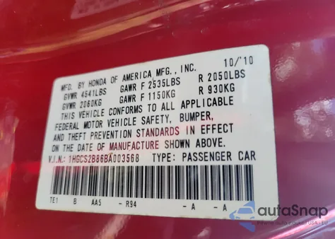 2011 Honda Accord Exl from USA, damaged, VIN 1HGCS2B86BA003568